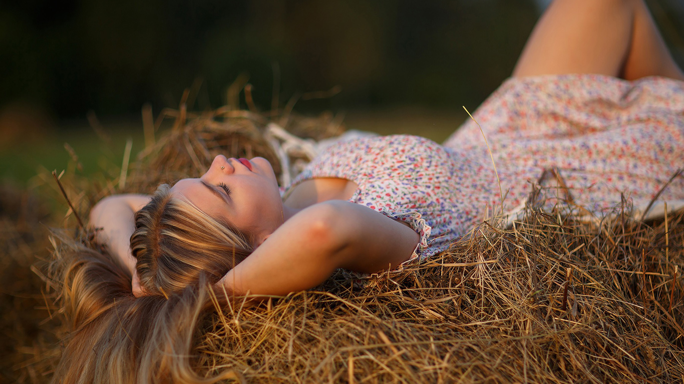 hay, vladimir lapshin, model, summer dress, women outdoors, nature, blonde, red lipstick, , women, closed eyes