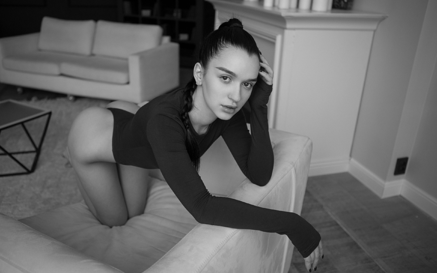 alex nemalevich, bent over, monochrome, model, living room, , couch, ass, women, , bodysuit, women indoors, hips