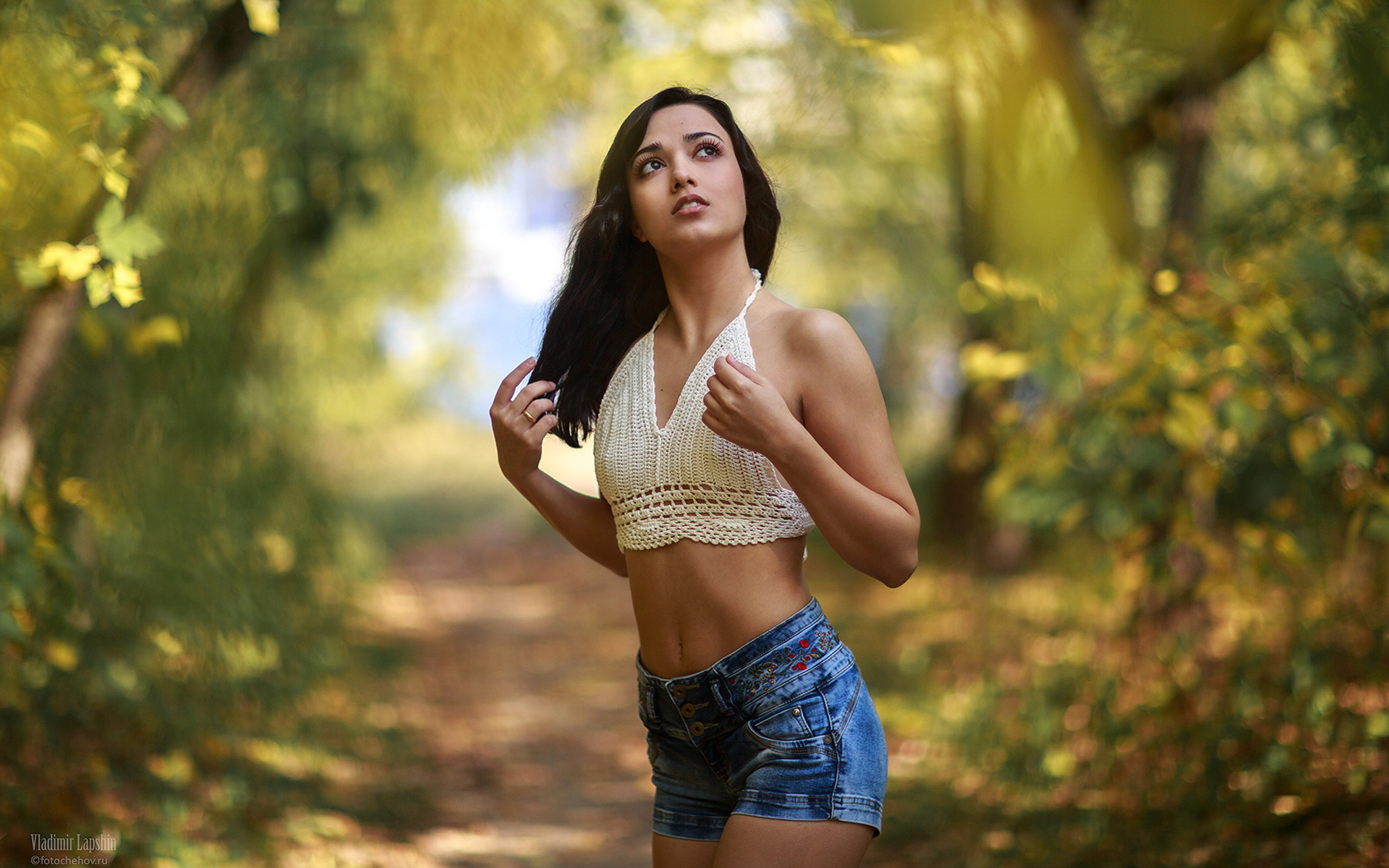 vladimir lapshin, brunette, jean shorts, forest, , belly button, women outdoors, standing, , women, nature, looking up, red lipstick, , plants, trees