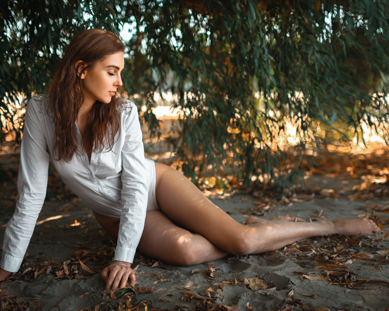 women, white bodysuit, hips, redhead, women outdoors, closed eyes, , trees, model, , legs