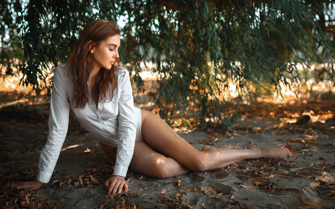 women, white bodysuit, hips, redhead, women outdoors, closed eyes, , trees, model, , legs