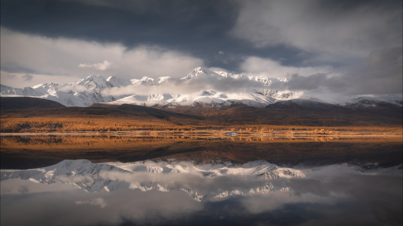 nature, reflection, sky, clouds, mountains, hills, snowy mountains, landscape, lake, water, 