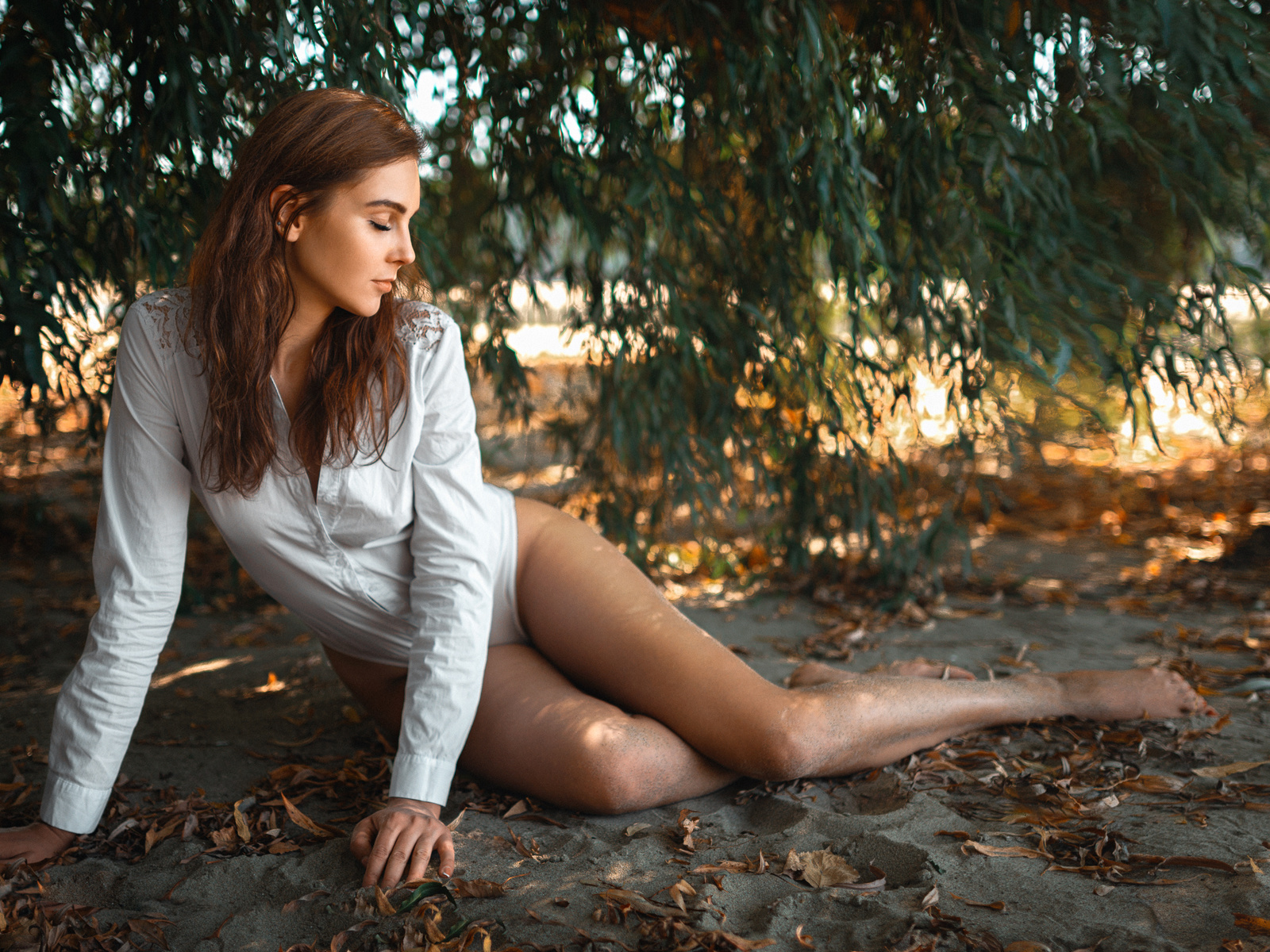 women, white bodysuit, hips, redhead, women outdoors, closed eyes, , trees, model, , legs