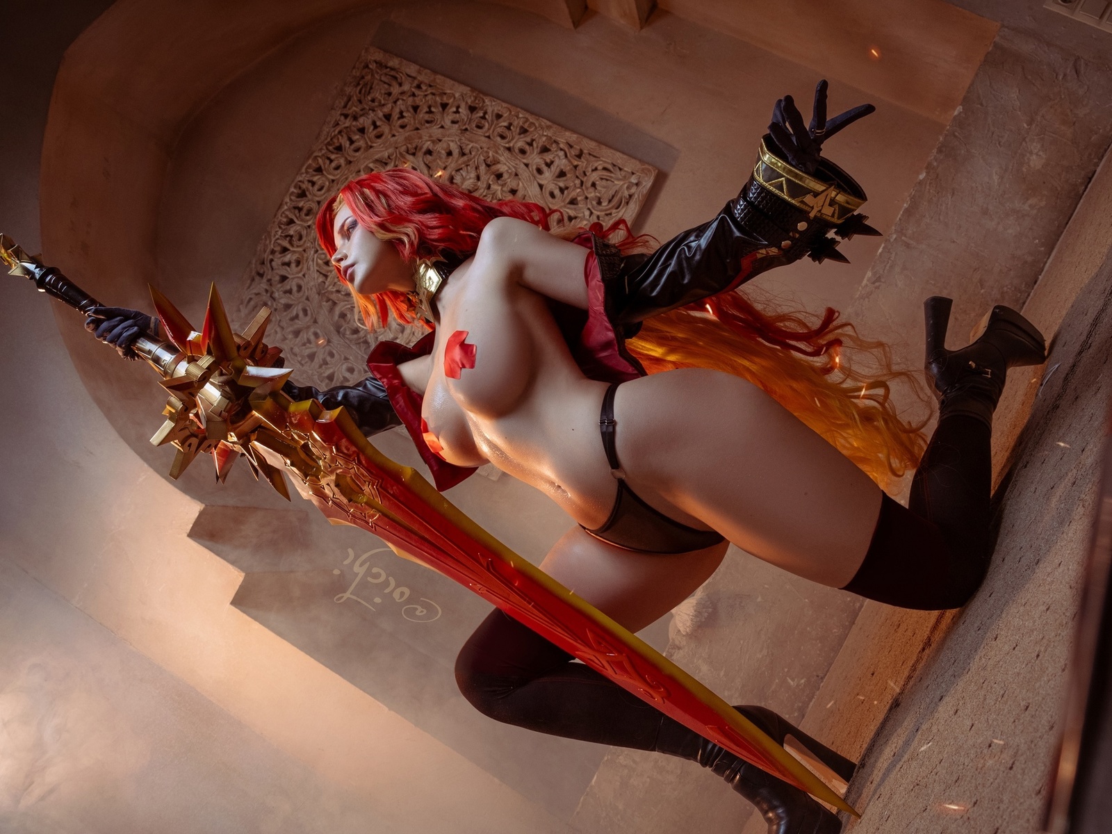 mavuika genshin impact, mavuika, genshin impact, curvy, video game girls, cosplay, ass, , model, vera andreeva, sword, black panties, , nipple pasties, belly button, hips, redhead, oichi, legs, gloves, kneeling, women