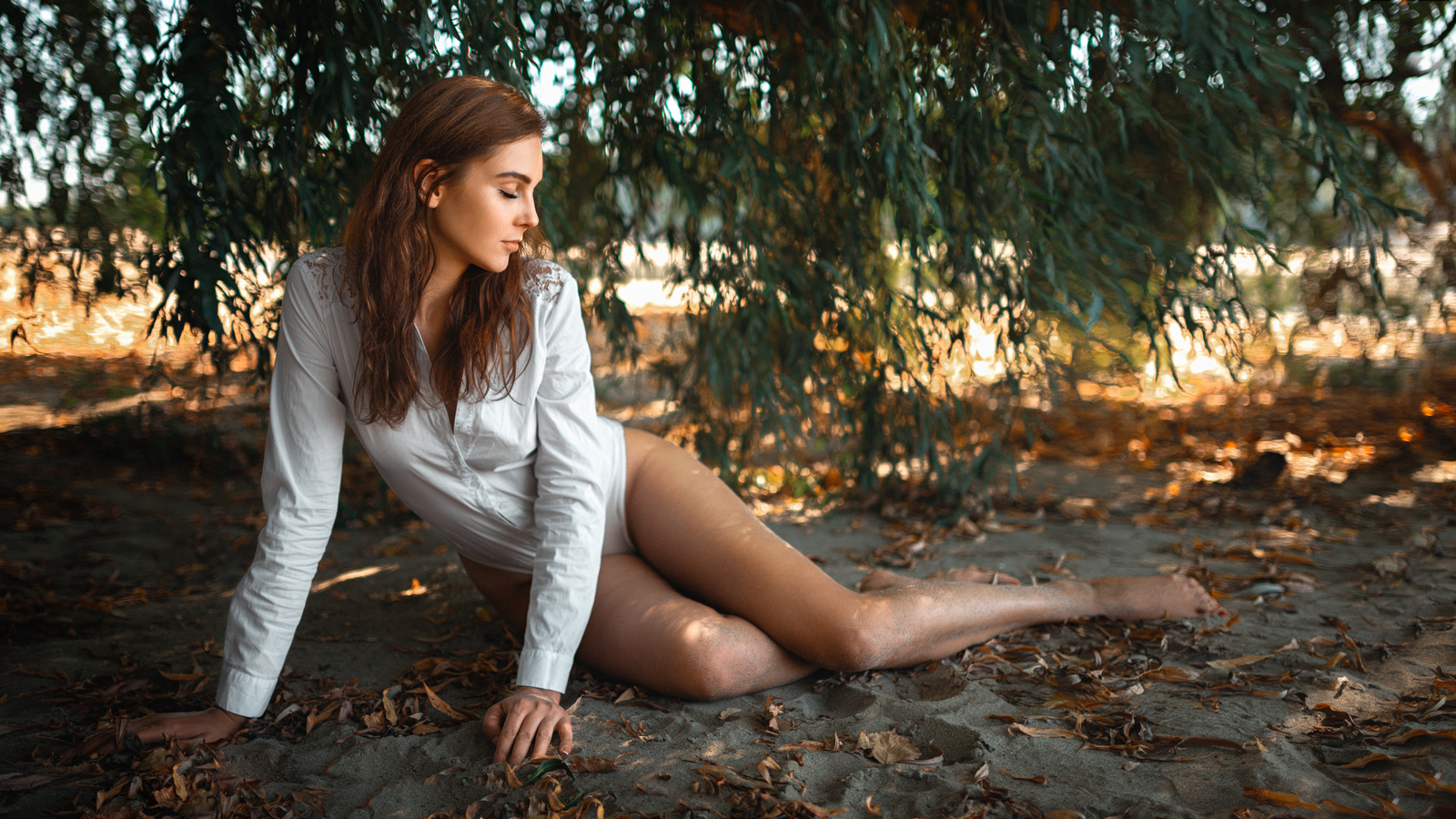 women, white bodysuit, hips, redhead, women outdoors, closed eyes, , trees, model, , legs