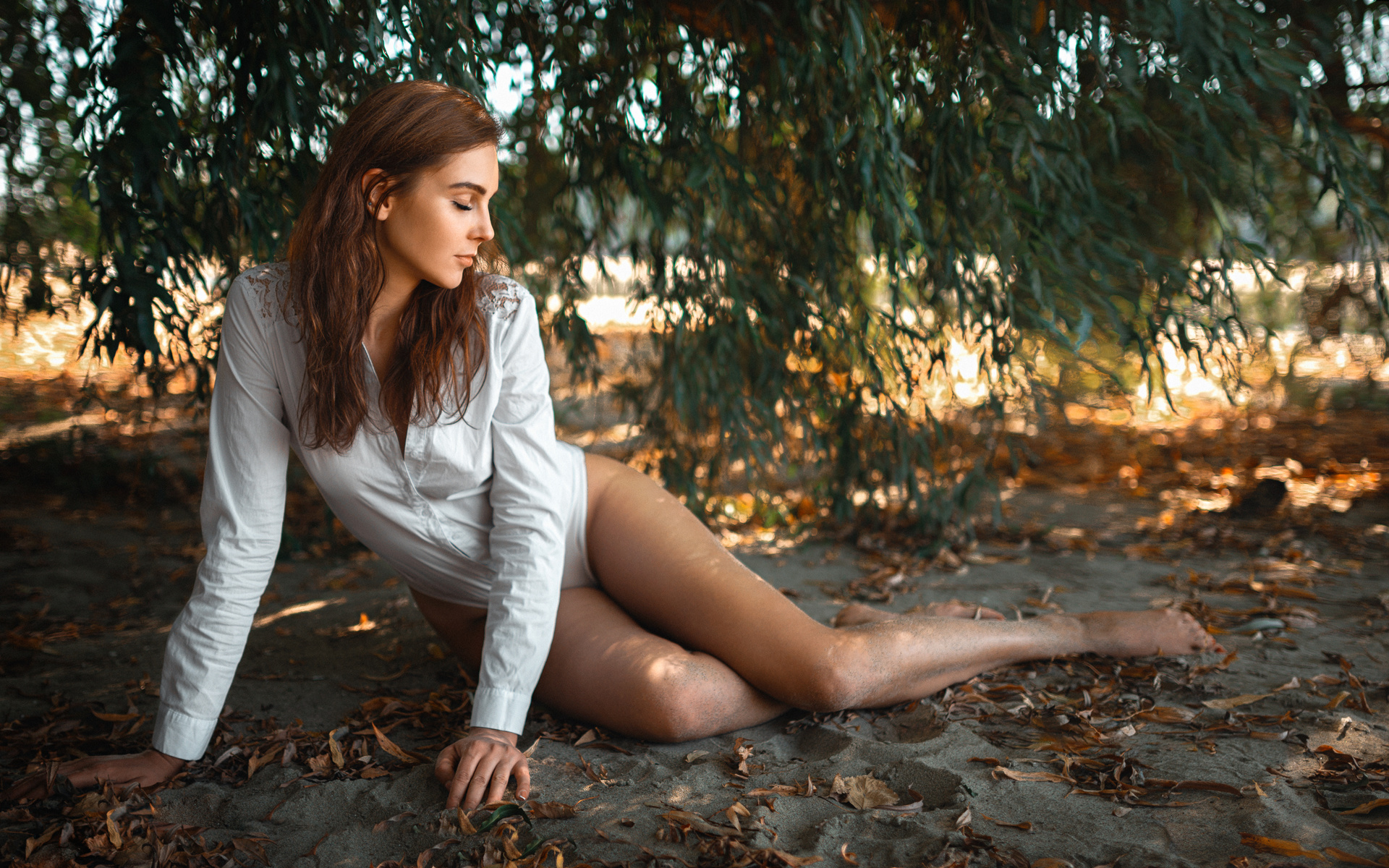 women, white bodysuit, hips, redhead, women outdoors, closed eyes, , trees, model, , legs