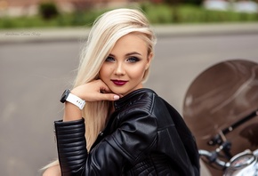 women with motorcycles, blonde, blue eyes, women outdoors, leather jacket, model, makeup, motorcycle